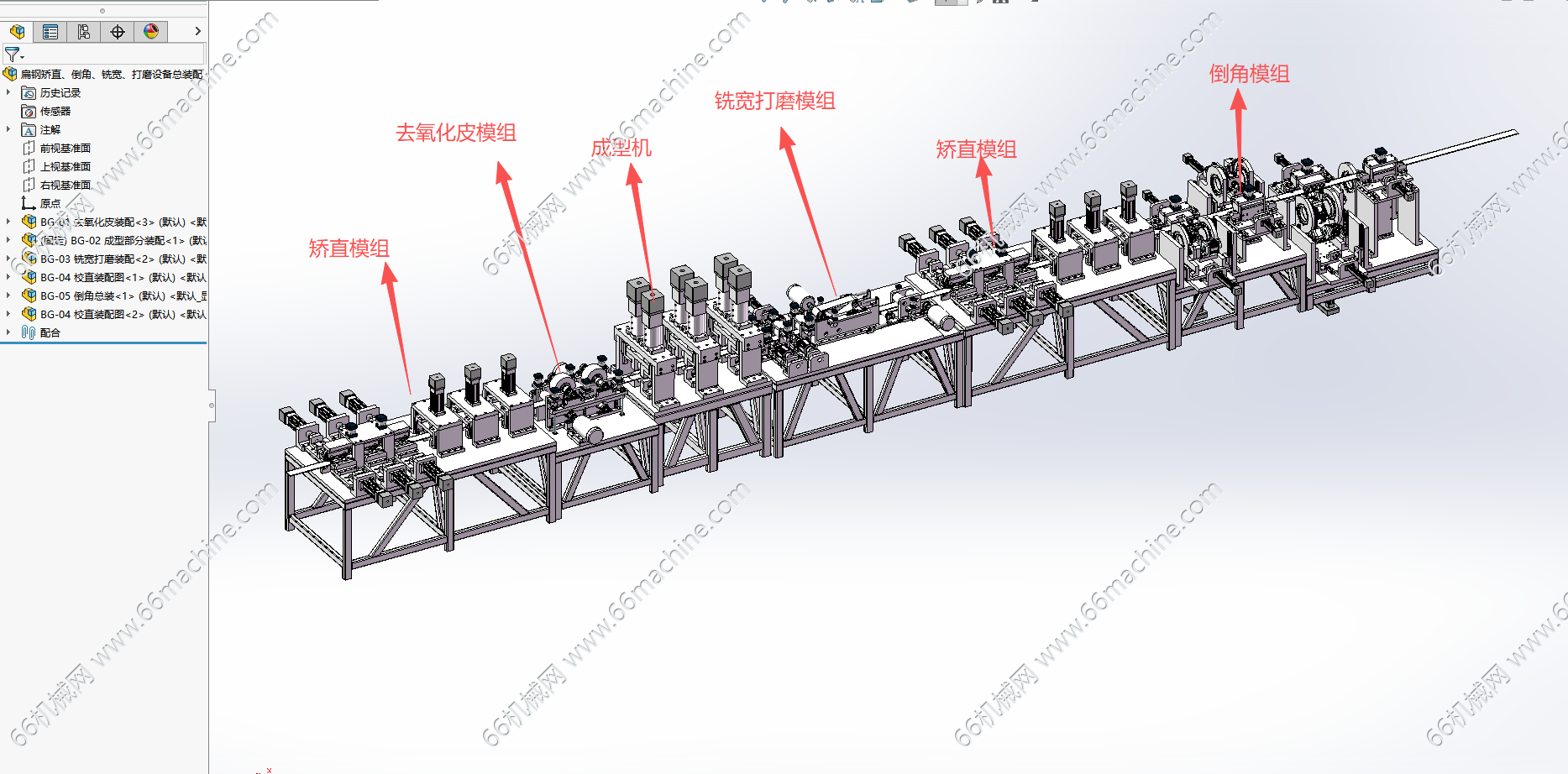 某企业扁钢矫直、倒角、铣宽、打磨设备3D+工程图+BOM表