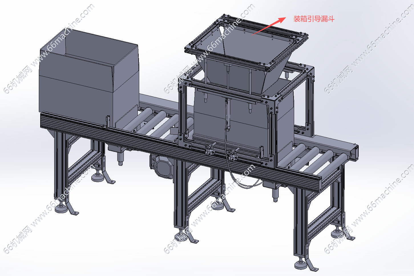 带装箱引导漏斗的滚筒输送机