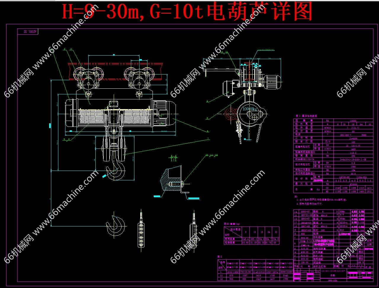 H=9-30m,G=10t电葫芦详图