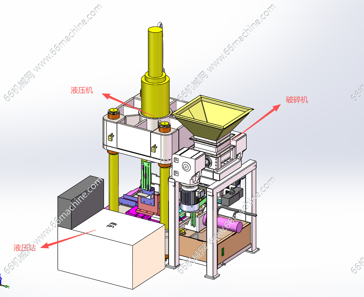 某企业150吨废料压饼机（含破碎机、螺丝送料机及液压机）3D+工程图