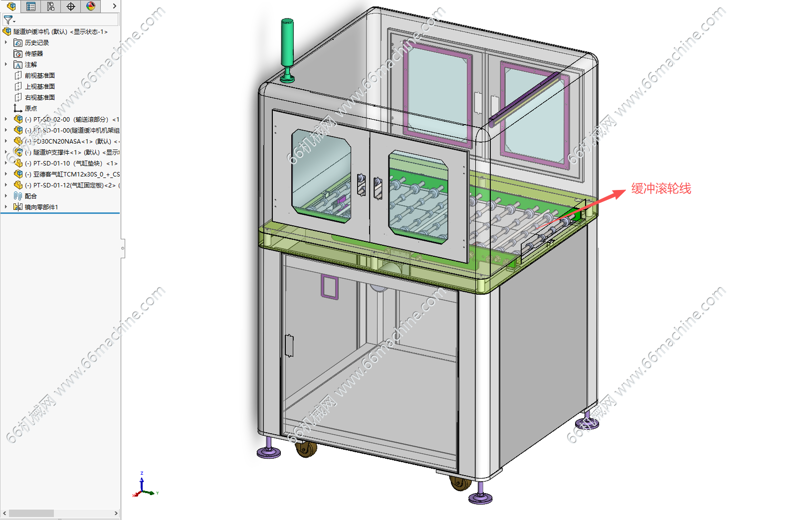 隧道炉缓冲机(缓存滚轮输送机、缓存机)3D+工程图