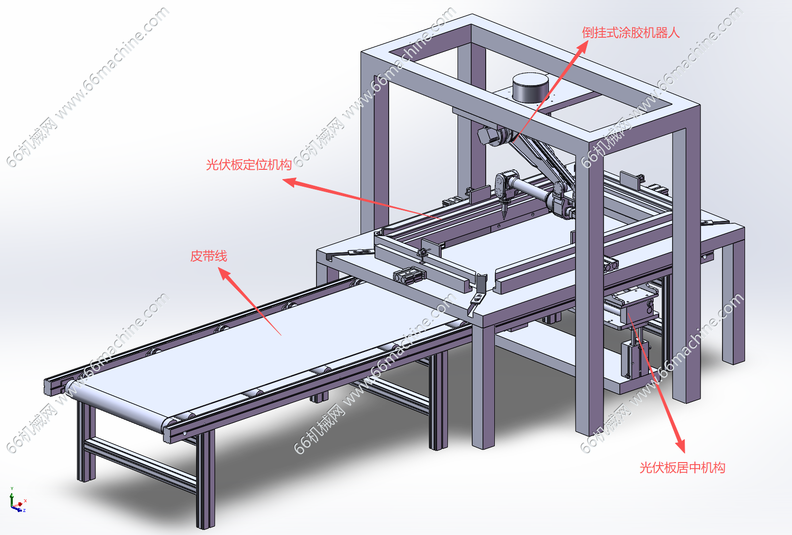 太阳能光伏板涂胶装框机器人工作站（倒挂机器人涂胶线）