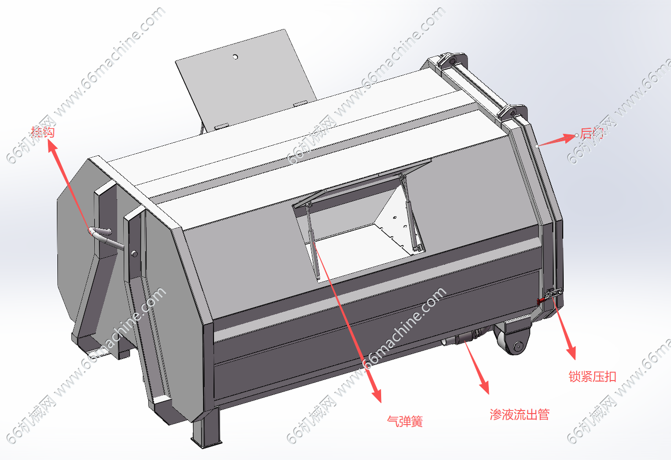 钩臂移动垃圾箱3D+工程总图