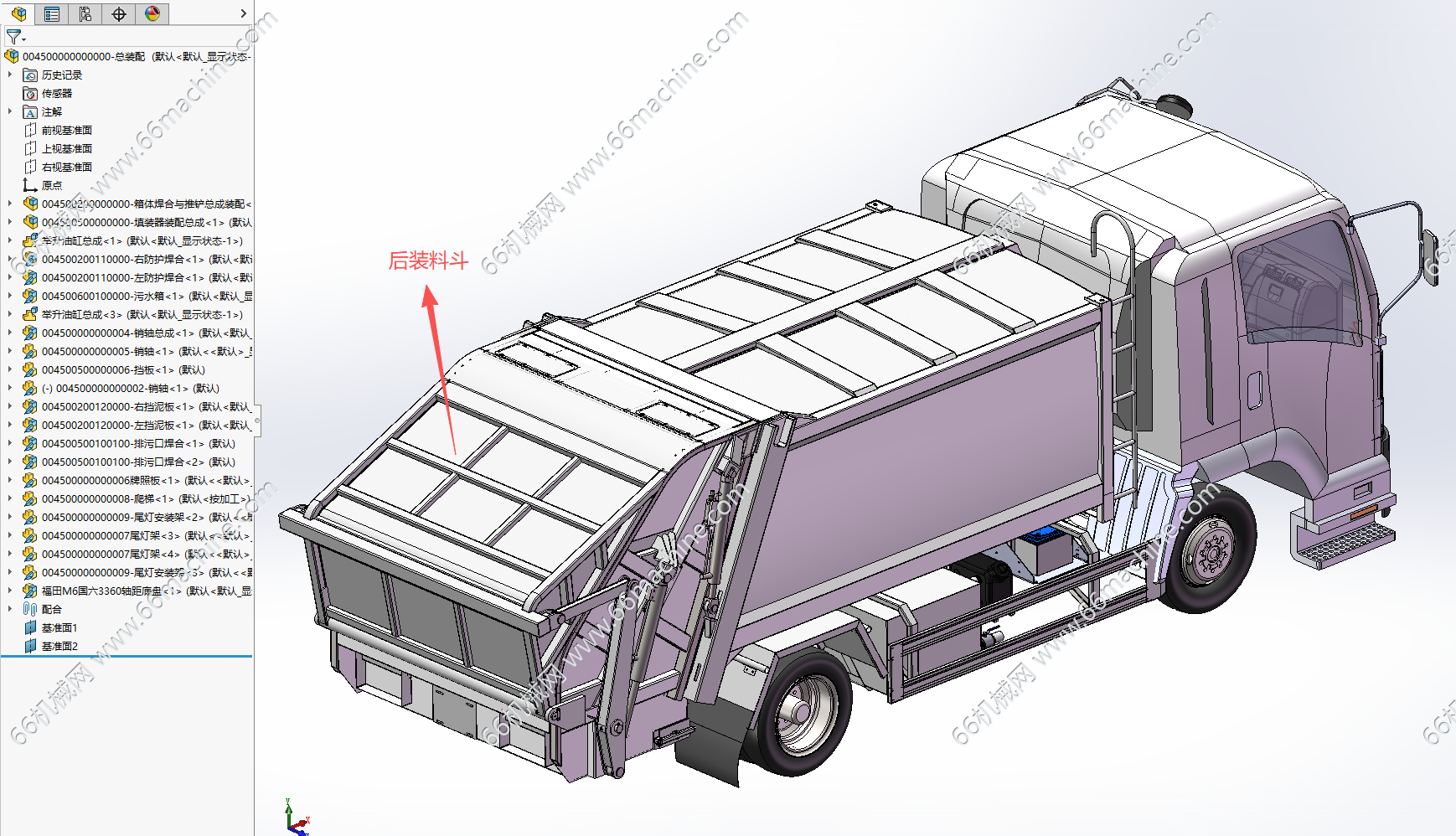 某企业后装料斗式压缩垃圾车3D+工程图